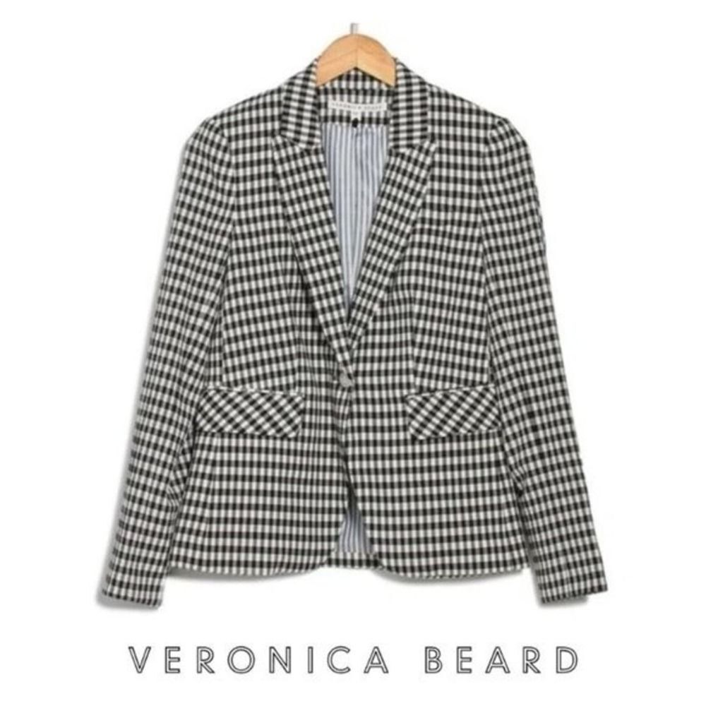 Veronica Beard Cutaway Checkered Dickey Jacket Blazer Black/White, Size Small